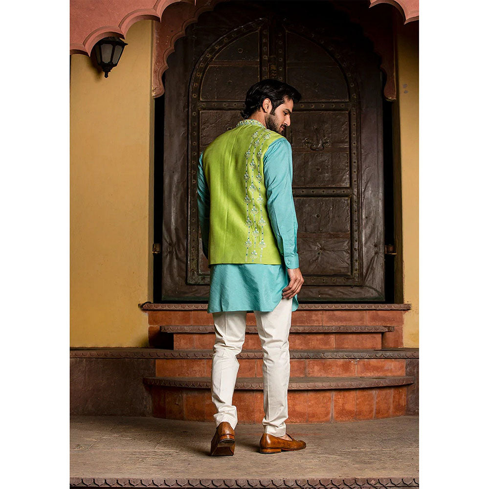 HISTORI Turq Lime Raw Silk Blue Kurta with Jacket and Pant