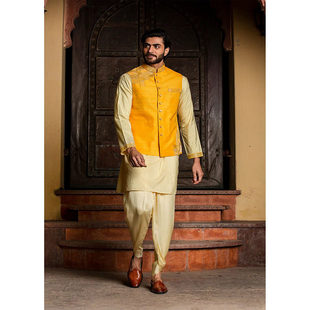 HISTORI Raw Silk Embroidered Jacket with Kurta and Dhoti
