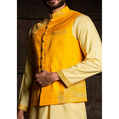 HISTORI Raw Silk Embroidered Jacket with Kurta and Dhoti