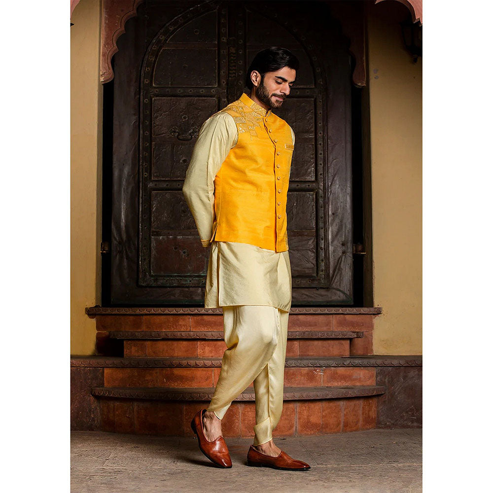 HISTORI Raw Silk Embroidered Jacket with Kurta and Dhoti