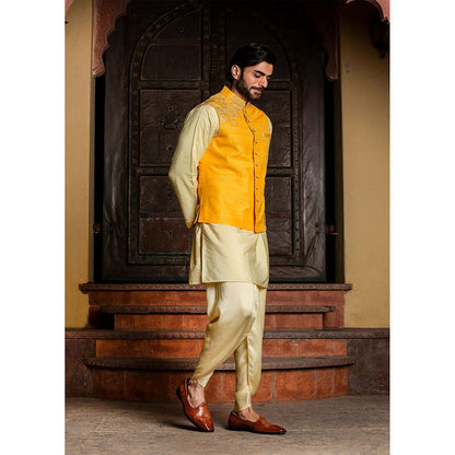 HISTORI Raw Silk Embroidered Jacket with Kurta and Dhoti