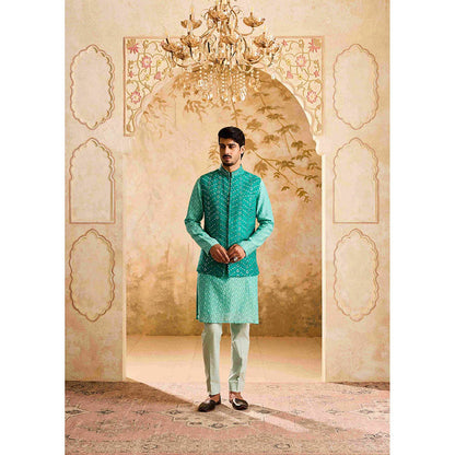 HISTORI Teal Mirrorwork Kurta with Jacket and Pant