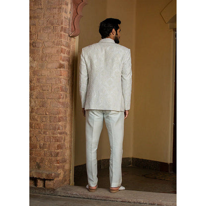 HISTORI Ivory Raw Silk Short Embroidered Jacket with Vest and Pant