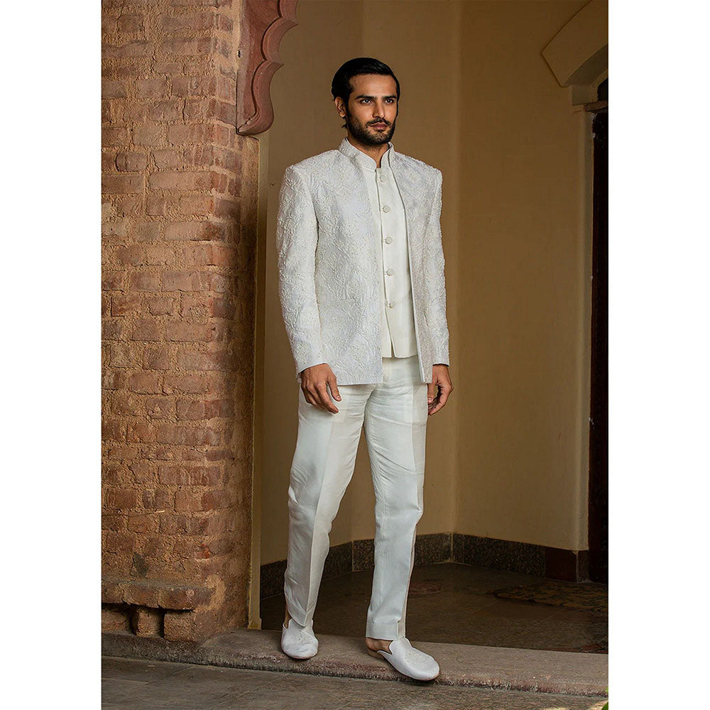 HISTORI Ivory Raw Silk Short Embroidered Jacket with Vest and Pant