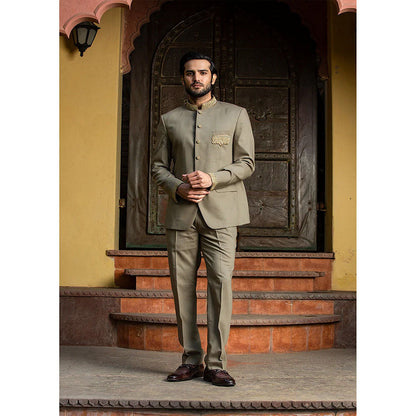 HISTORI Olive Jodhpuri Suit Zardozi Embroidered Jacket with Pant