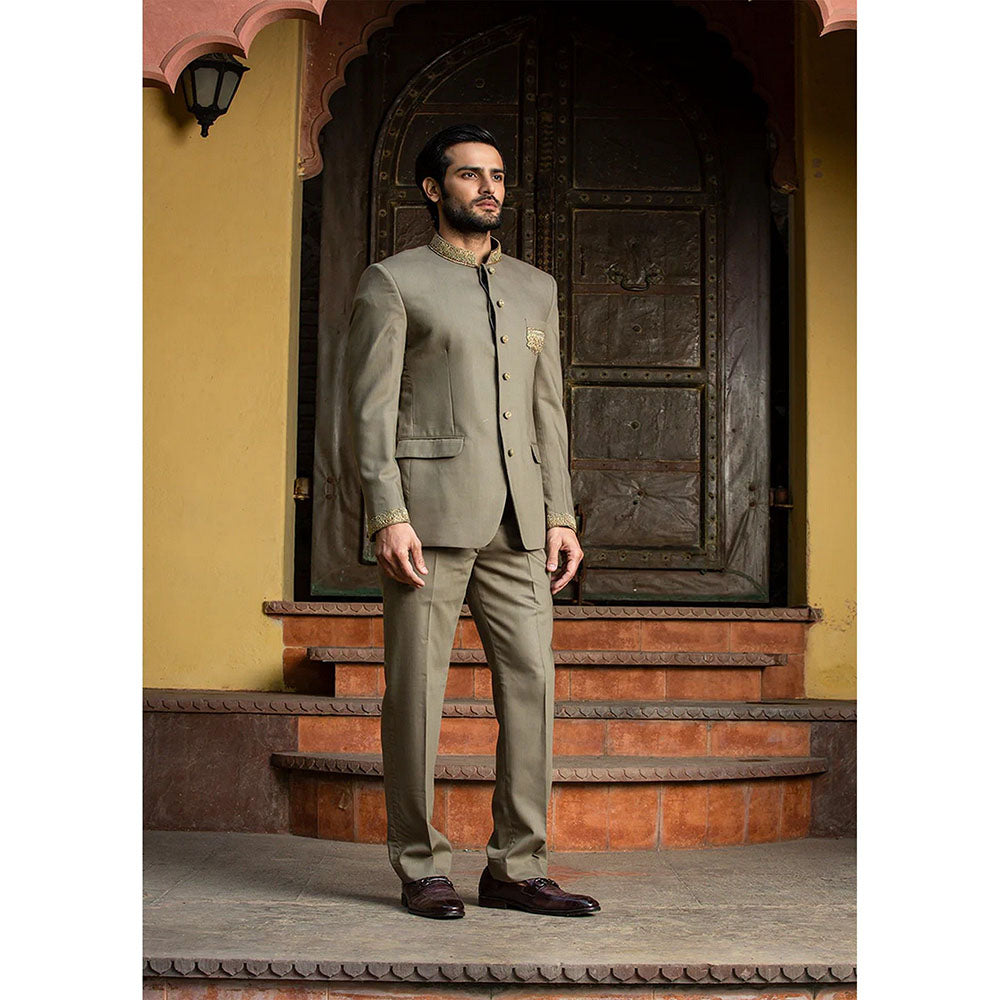 HISTORI Olive Jodhpuri Suit Zardozi Embroidered Jacket with Pant