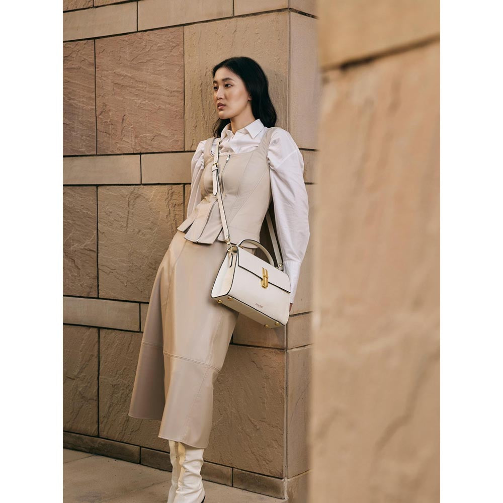 Hoche Paris Raffine Leather Satchel Bag with Detachable Strap - Ivory