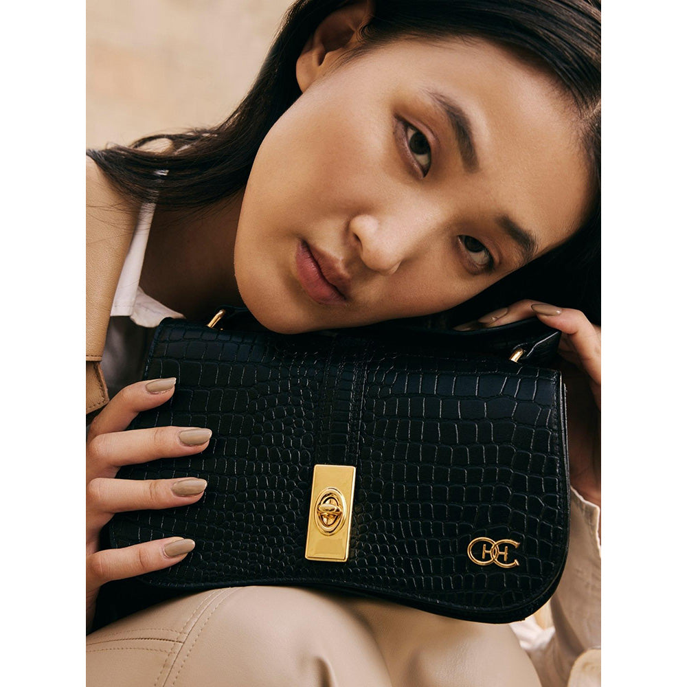 Hoche Paris Terra Croc Leather Sling Bag - Black