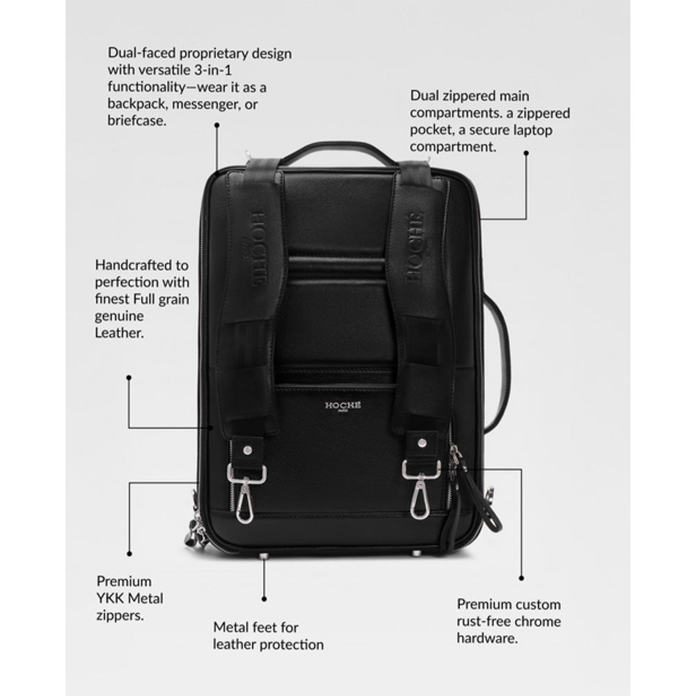 Hoche Paris Black Unstitch 3-In-1 Convertible Black Backpack