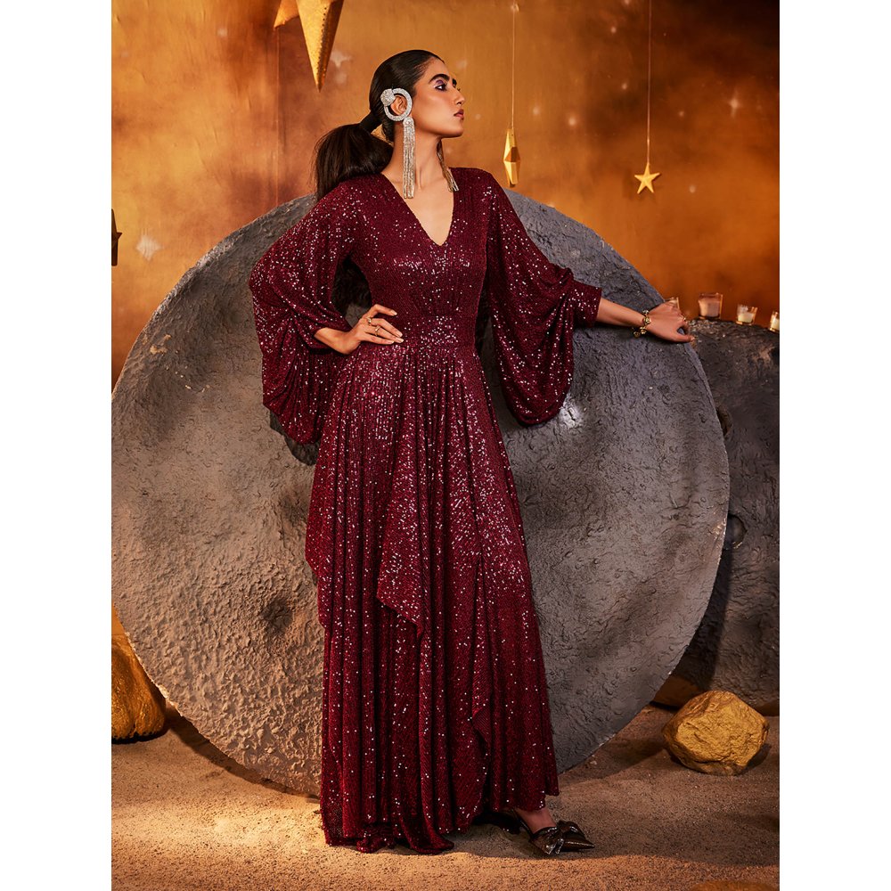 House of Fett Maroon Stellar Sequin Gown