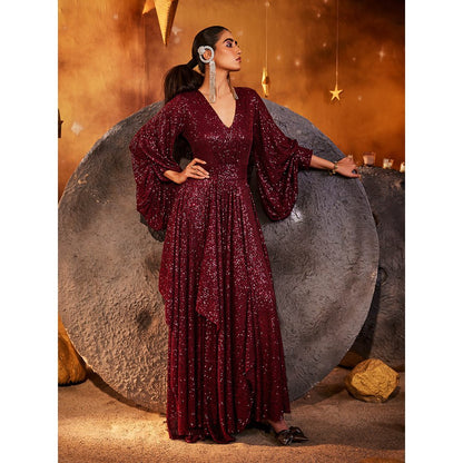 House of Fett Maroon Stellar Sequin Gown