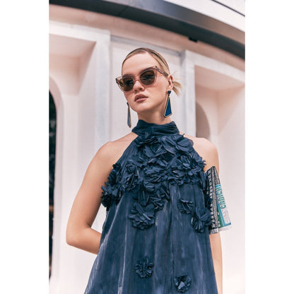 House of Fett Manhattan Organza Puff Navy Blue Dress With Surface 3D Flowers