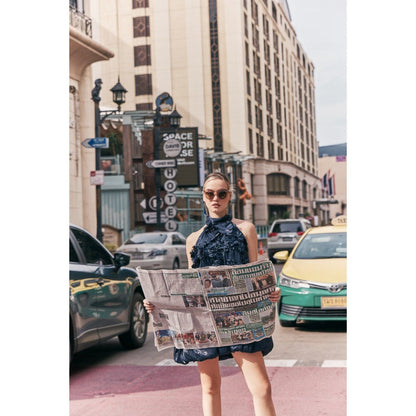 House of Fett Manhattan Organza Puff Navy Blue Dress With Surface 3D Flowers