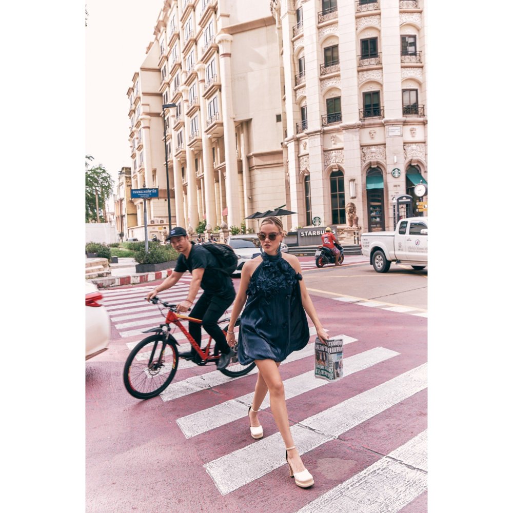 House of Fett Manhattan Organza Puff Navy Blue Dress With Surface 3D Flowers