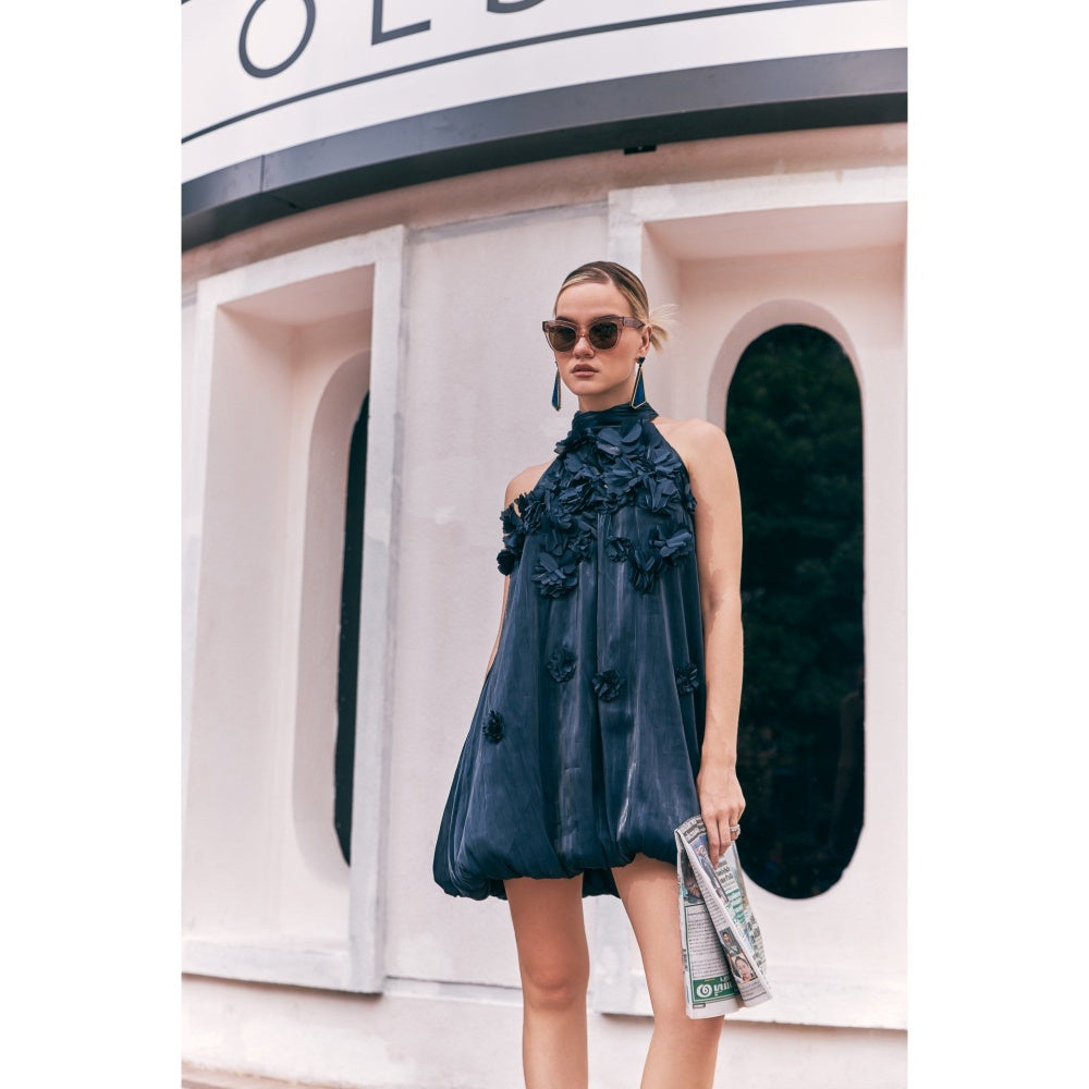 House of Fett Manhattan Organza Puff Navy Blue Dress With Surface 3D Flowers
