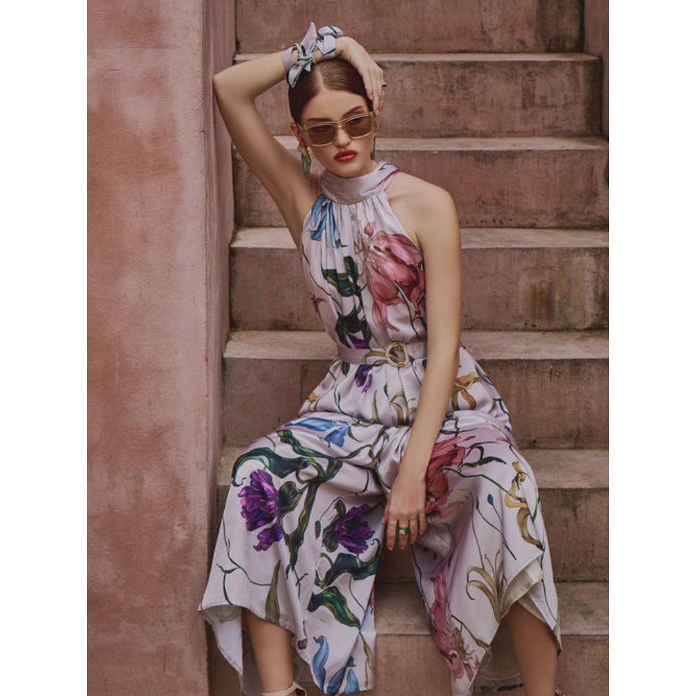 House of Fett Blair Floral Jumpsuit With Belt - Ivory