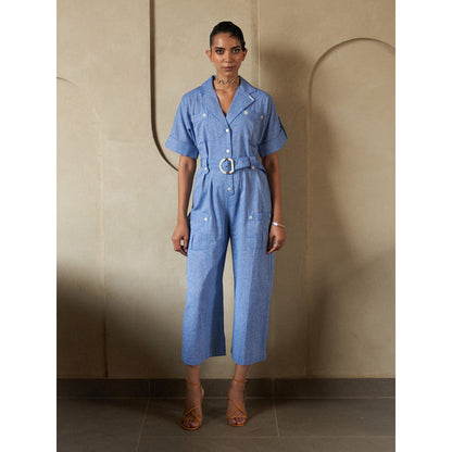 House of Fett Ocean Belted Jumpsuit - Blue