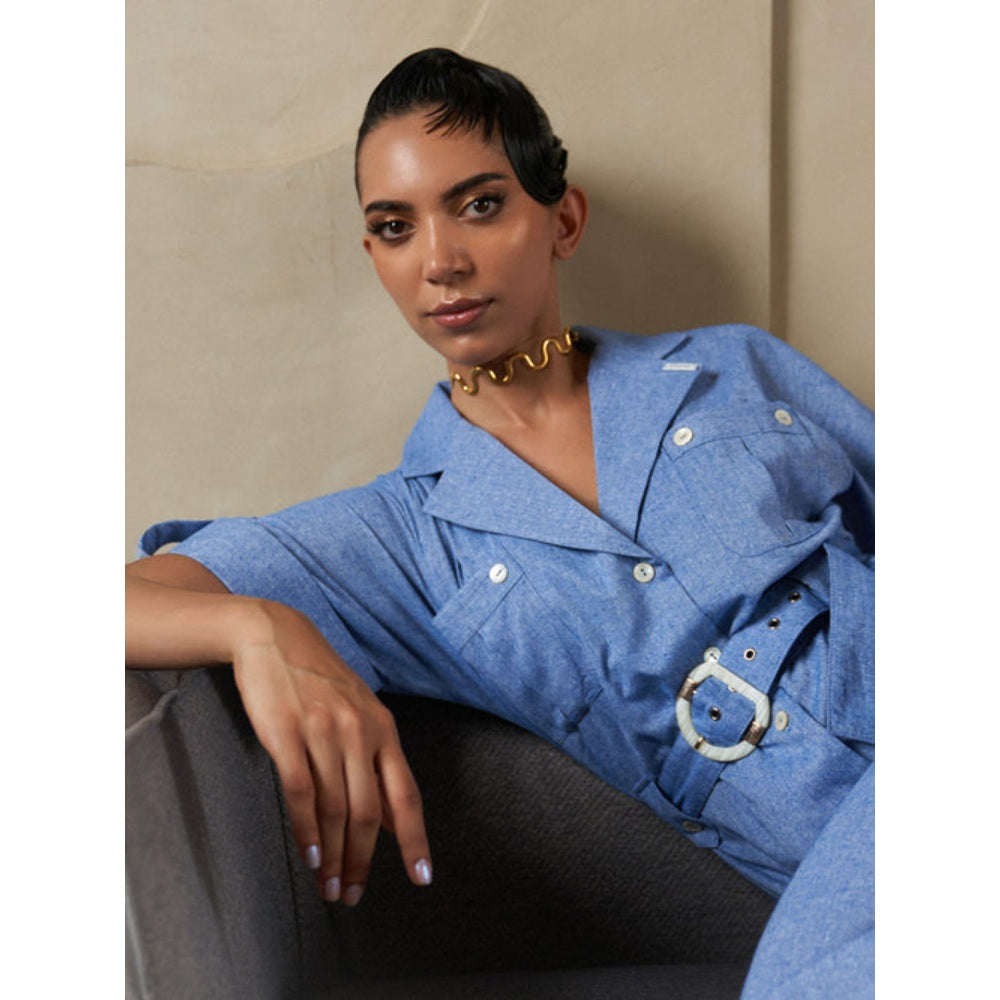 House of Fett Ocean Belted Jumpsuit - Blue