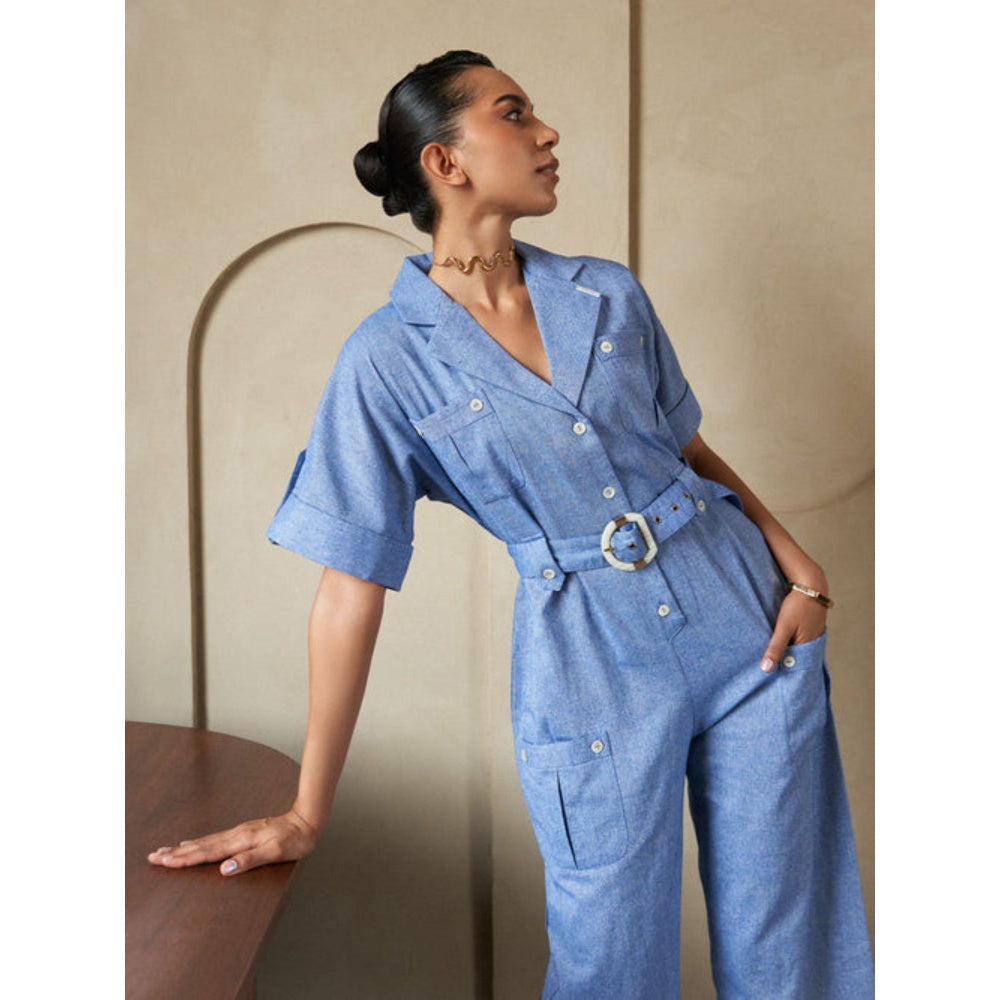 House of Fett Ocean Belted Jumpsuit - Blue