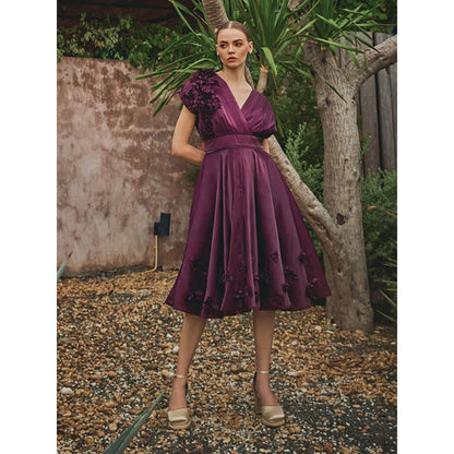 House of Fett Vanessa Organza Applique Floral Dress - Wine