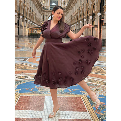 House of Fett Vanessa Organza Applique Floral Dress - Wine