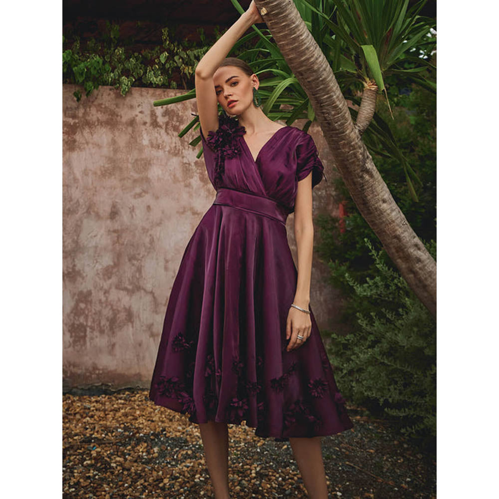 House of Fett Vanessa Organza Applique Floral Dress - Wine
