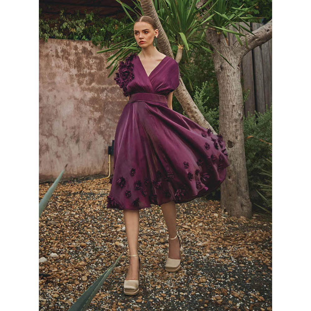 House of Fett Vanessa Organza Applique Floral Dress - Wine
