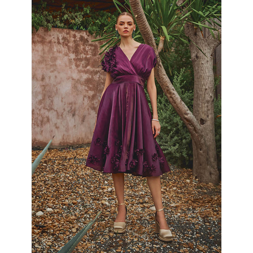 House of Fett Vanessa Organza Applique Floral Dress - Wine