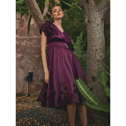 House of Fett Vanessa Organza Applique Floral Dress - Wine