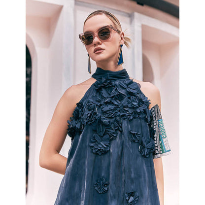 House of Fett Manhattan Organza Applique Floral Dress - Blue