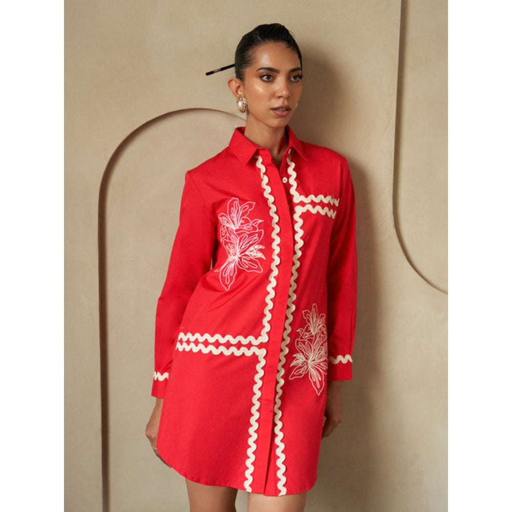 House of Fett Kiku Floral Embroidered Lace Shirt Dress