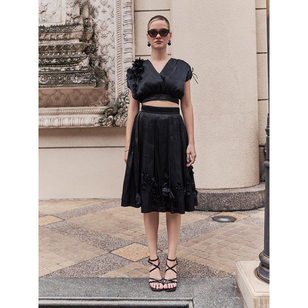 House of Fett Blake Organza Applique Floral Crop Top - Black