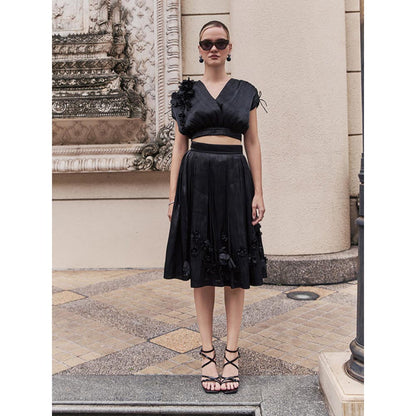 House of Fett Blake Organza Applique Floral Crop Top - Black