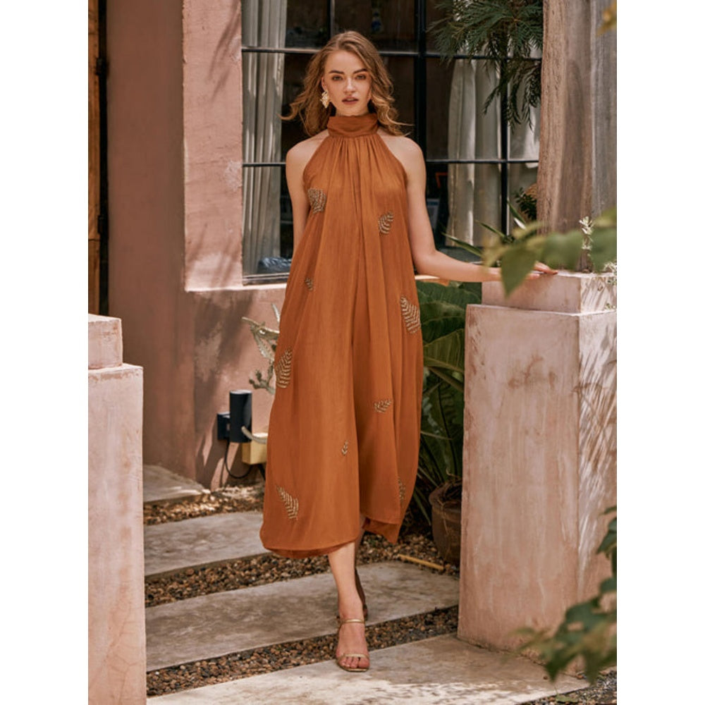 House of Fett Date Palm Hand Embroidered Jumpsuit - Mustard