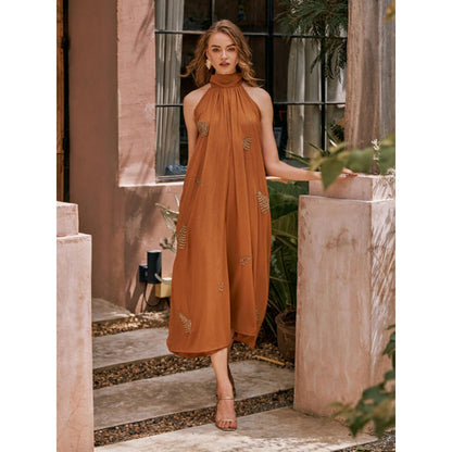 House of Fett Date Palm Hand Embroidered Jumpsuit - Mustard