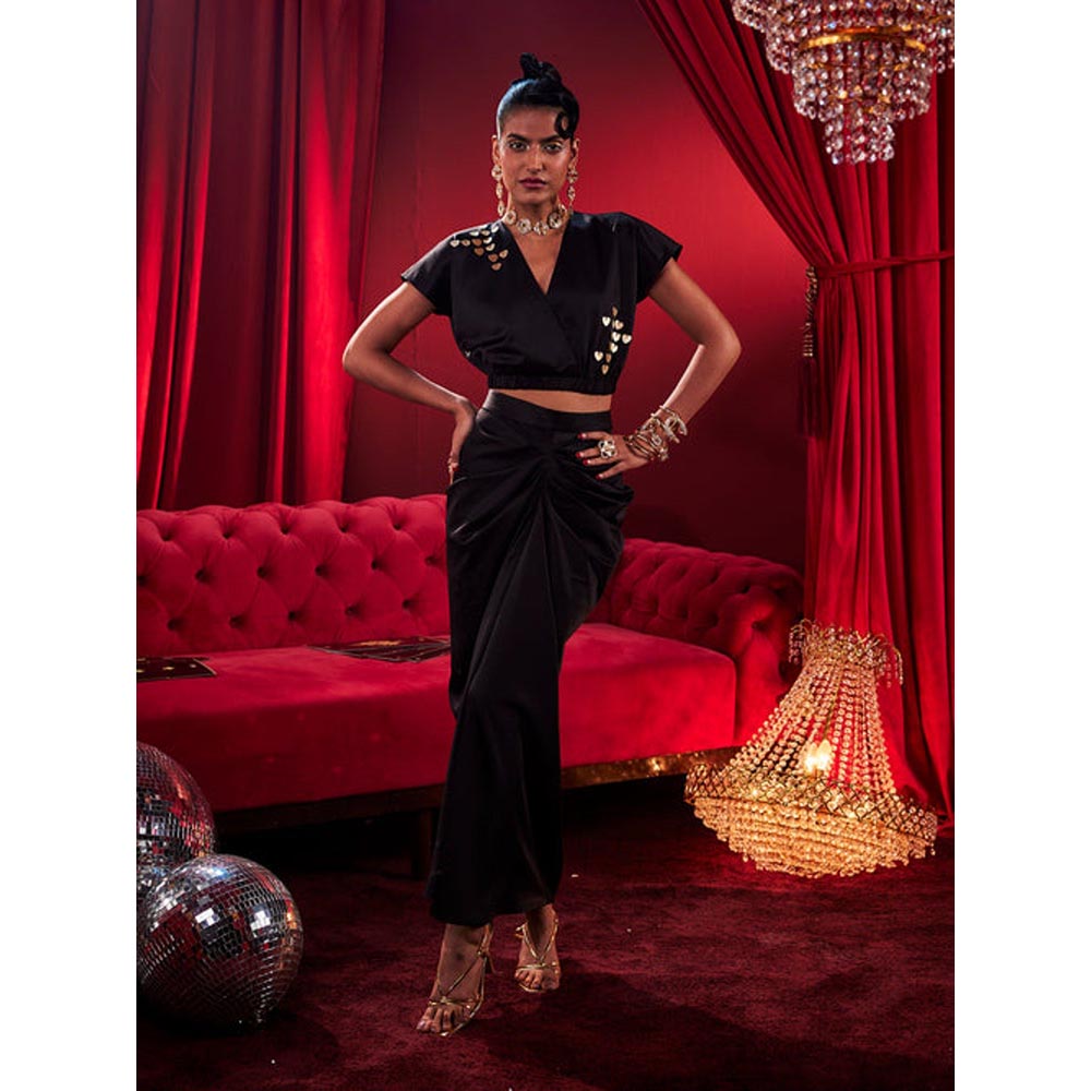 House of Fett Golden Hearts Black Draped Skirt