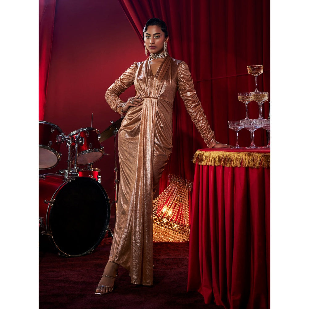 House of Fett Jadore Metallic Draped Gown - Gold