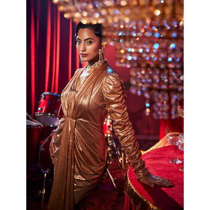 House of Fett Jadore Metallic Draped Gown - Gold