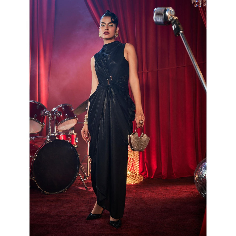House of Fett Grace Drape Gown With Buckle Belt - Black