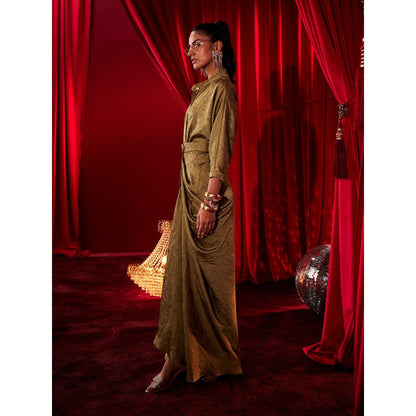 House of Fett Crush Satin Waldorf Gown with Belt - Olive