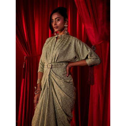 House of Fett Belrose Pleated Gown with Belt - Green