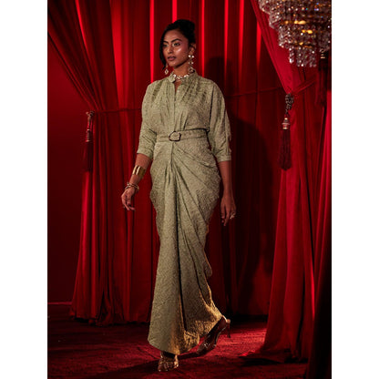 House of Fett Belrose Pleated Gown with Belt - Green