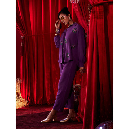 House of Fett Womens Embroidered Purple Shirt with Pant