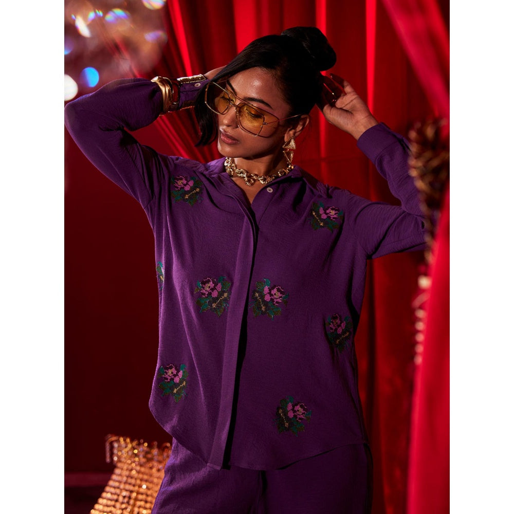 House of Fett Womens Embroidered Purple Shirt with Pant