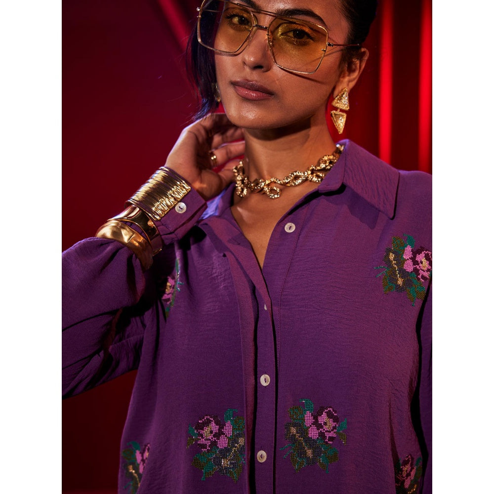 House of Fett Womens Embroidered Purple Shirt with Pant