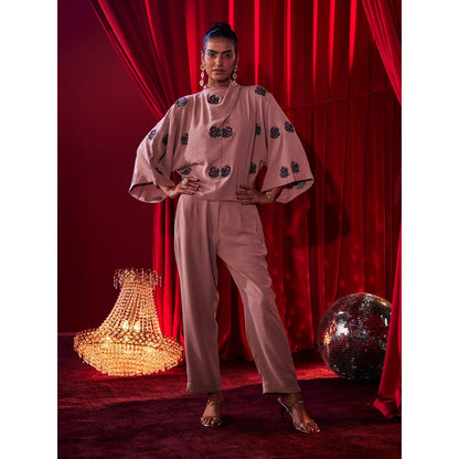 House of Fett Womens Embroidered Pink Shirt with Pant