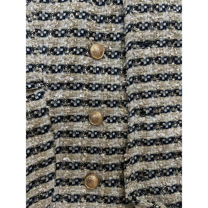 House of Fett Women Cream Striped Notched Lapel Coat
