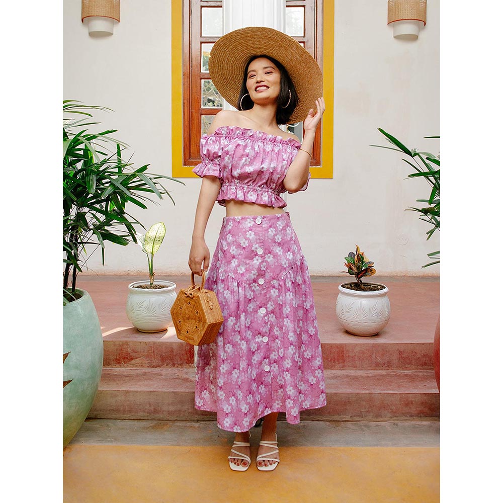 House of Fett Womens Botanica Floral Pink Maxi Skirt