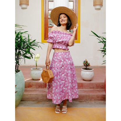 House of Fett Womens Botanica Floral Pink Maxi Skirt