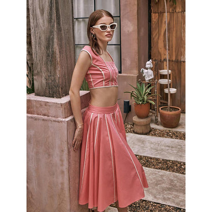 House of Fett Womens Carol Solid Coral Midi Skirt